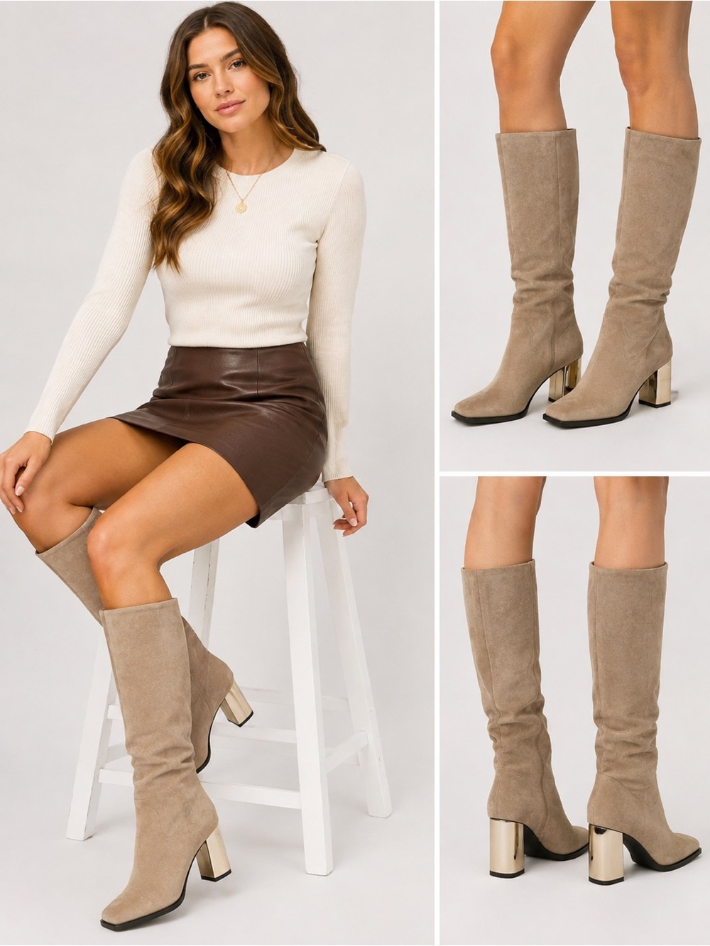 252. Proenza Schouler Taupe Suede Knee Boots with Metallic Gold Block Heel